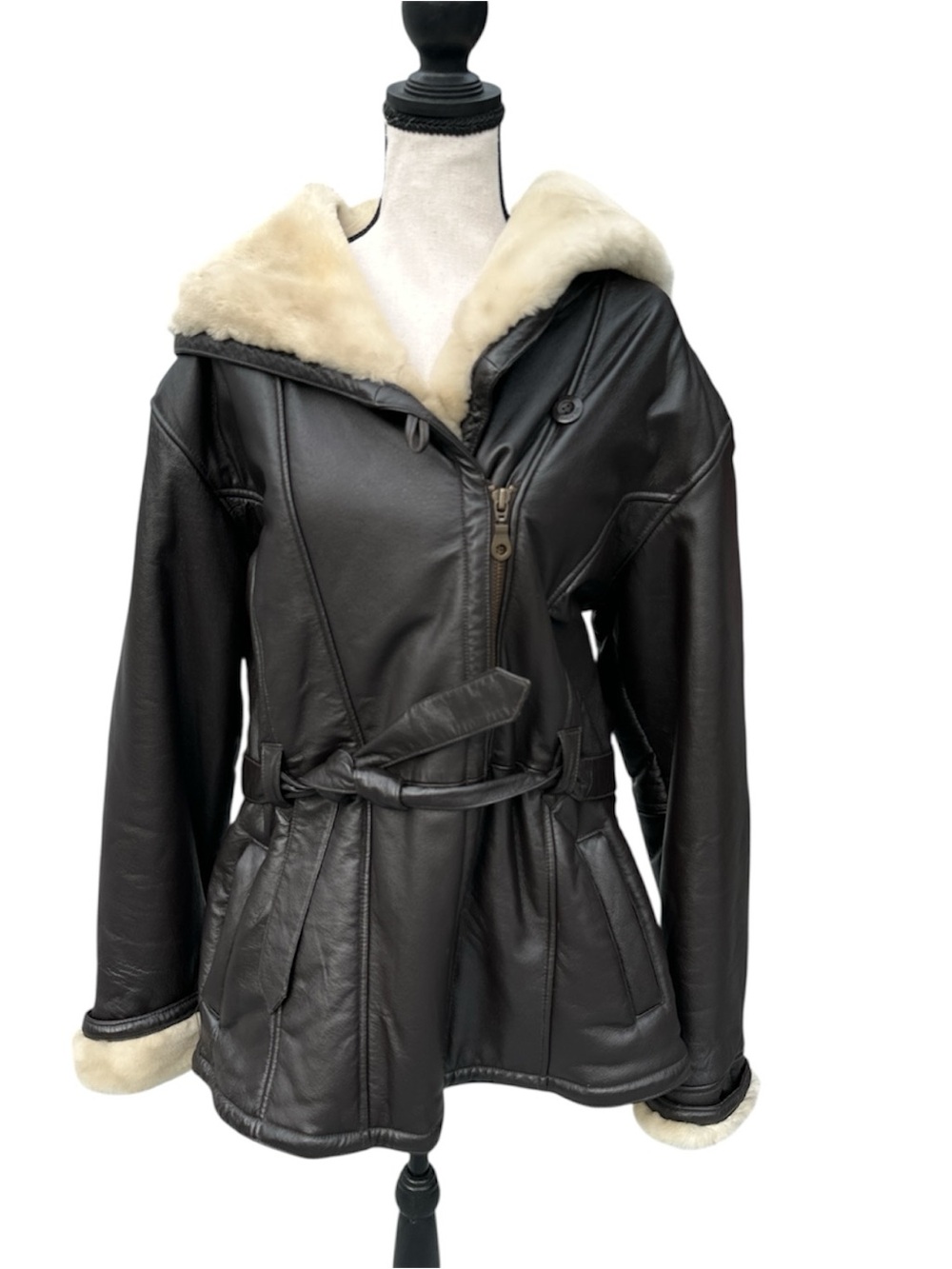 Vintage Wilson Dark Brown Genuine Leather Faux Fur Size L Hooded Jacket Cozy